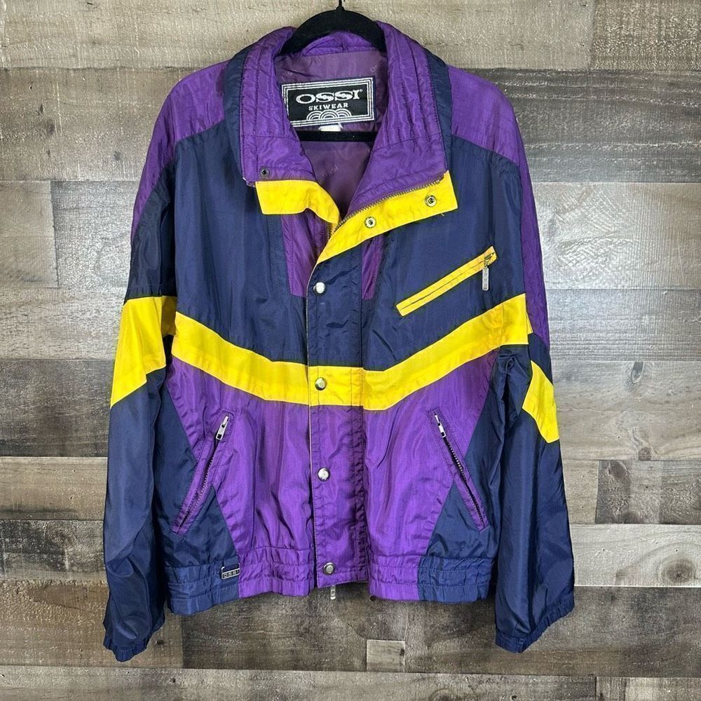 Ossi Skiwear Men’s Size XL Vintage Snow Windbreaker Jacket Purple Blue Zip Up
